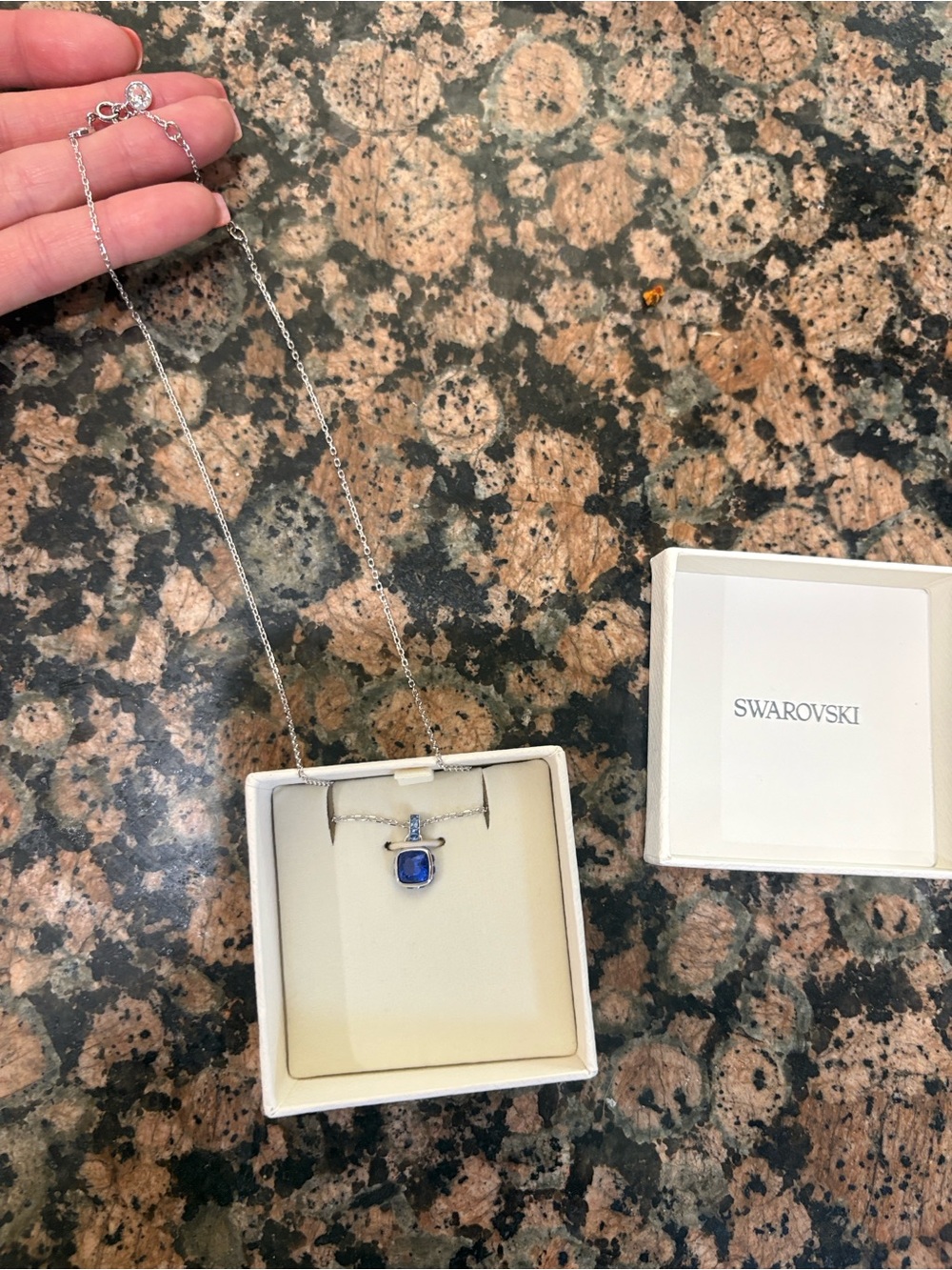 Swarovski Silver Necklace with Deep Blue Square Crystal Pendant